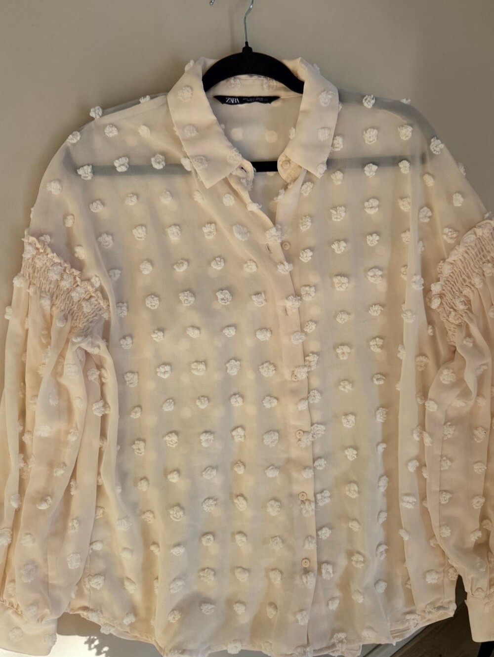 Zara Cream Textured Swiss Dot Button-Up Blouse